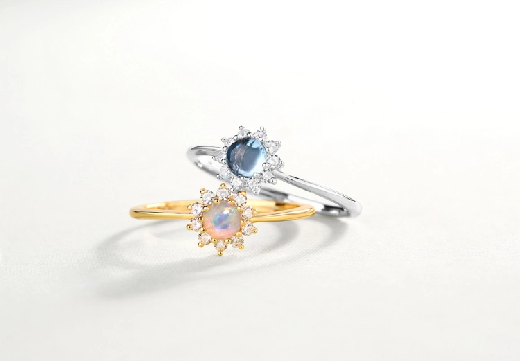 Flower Round Blue Topaz Adjustable Rings for Women 925 Sterling Silver Wedding Engagement Ring Zircon Jewelry