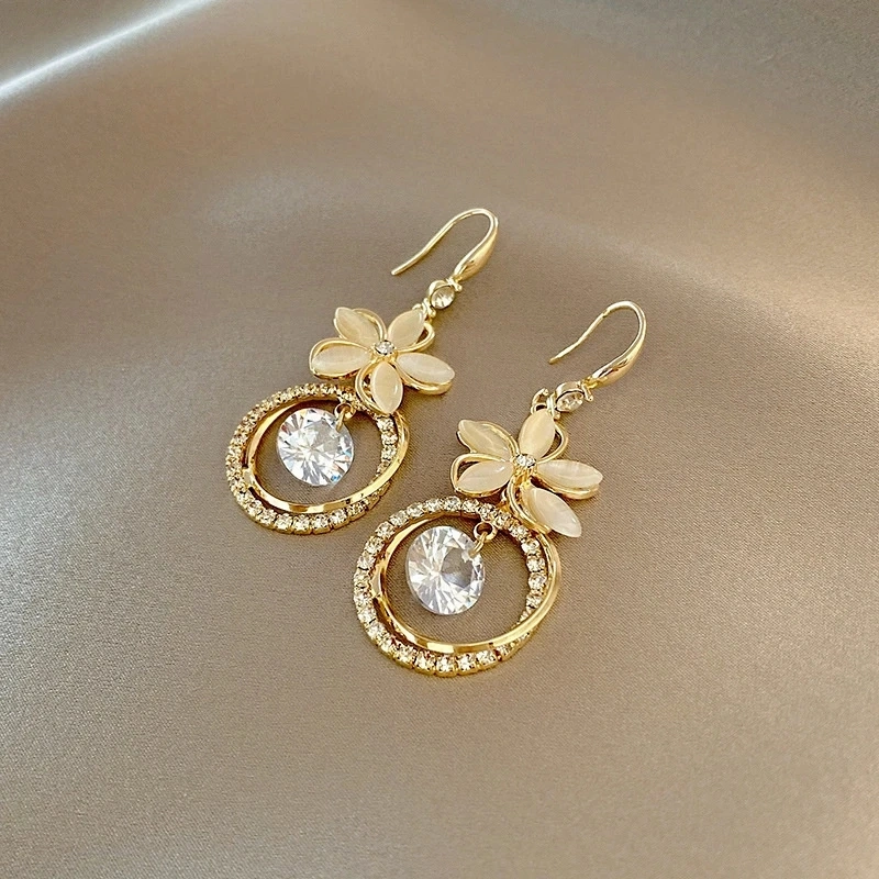 Korean Crystal Zircon Flower Pendant Earrings Fashion Party Jewelry