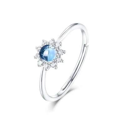 Blumen-runder blauer Topas, verstellbare Ringe für Frauen, 925er Sterlingsilber, Hochzeit, Verlobungsring, Zirkon-Schmuck